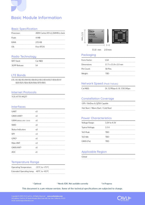 Cavli Wireless C41QS - GNN NB - IoT Module with integrated GPS - LynxPi