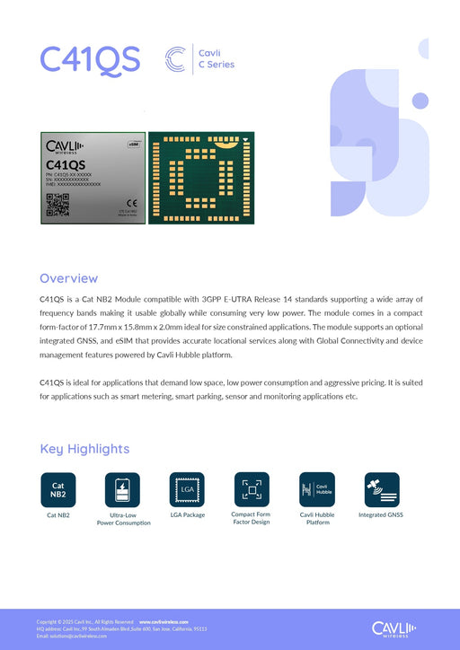 Cavli Wireless C41QS - GNN NB - IoT Module with integrated GPS - LynxPi