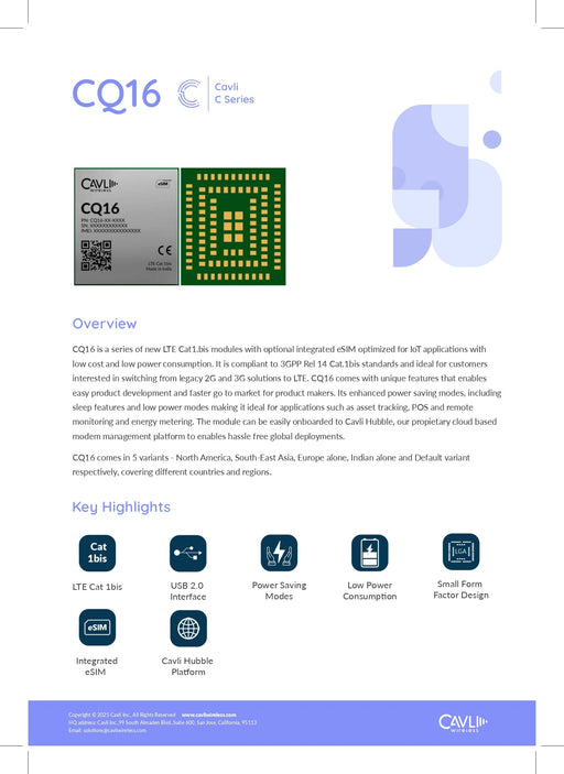Cavli Wireless CQ16 - NA - S00N LTE CAT 1 Module - LynxPi