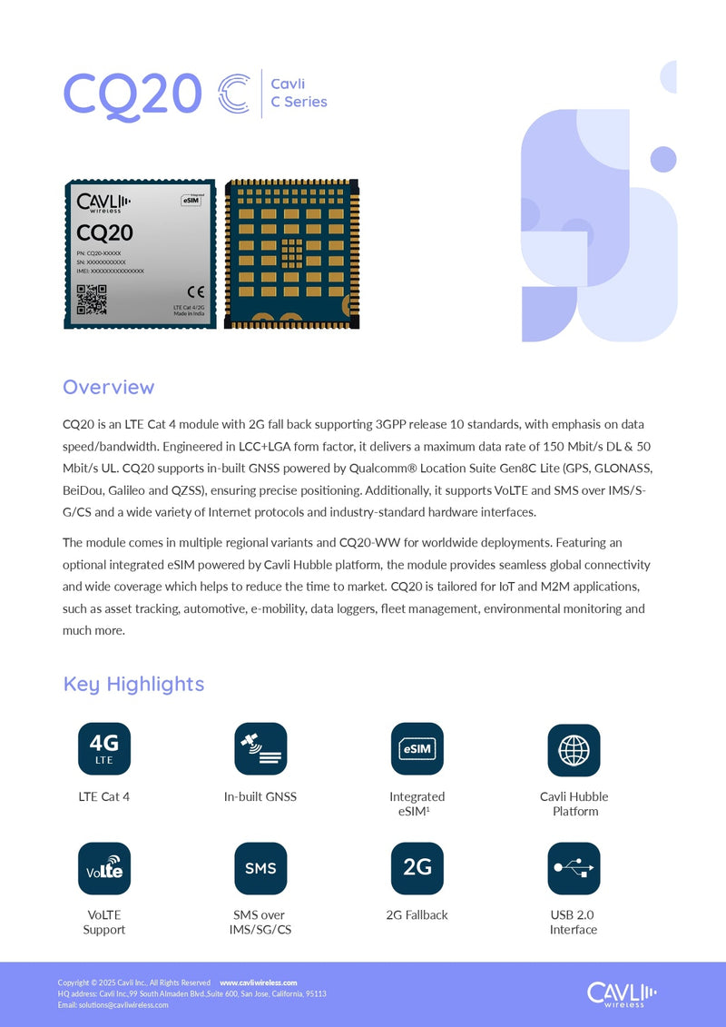 Cavli Wireless CQ20 - EVK - 01 CQ20 Evaluation Kit with CQ20 - WW - 22GNN - LynxPi