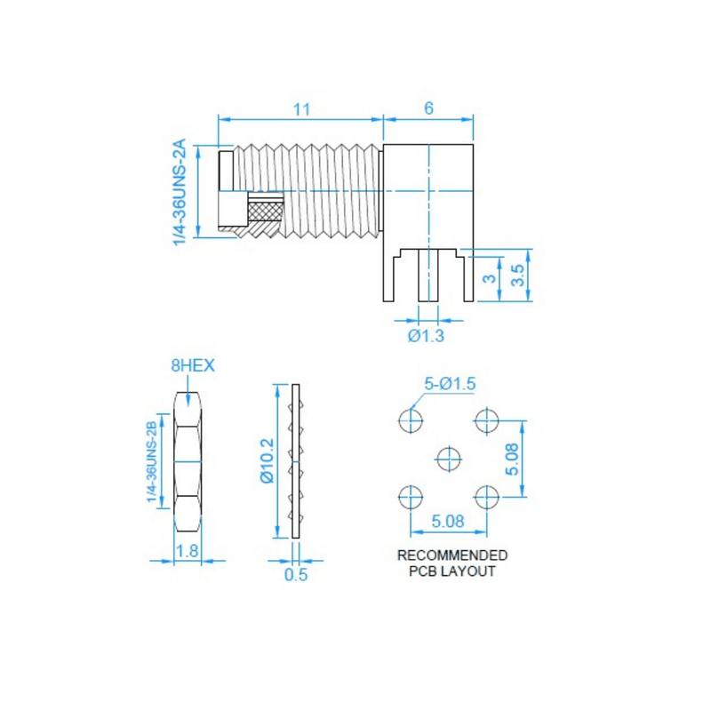 SMA/f 90° PCB Connector, Lenght: 17 mm with Red Hat and Nut - washe - LynxPi