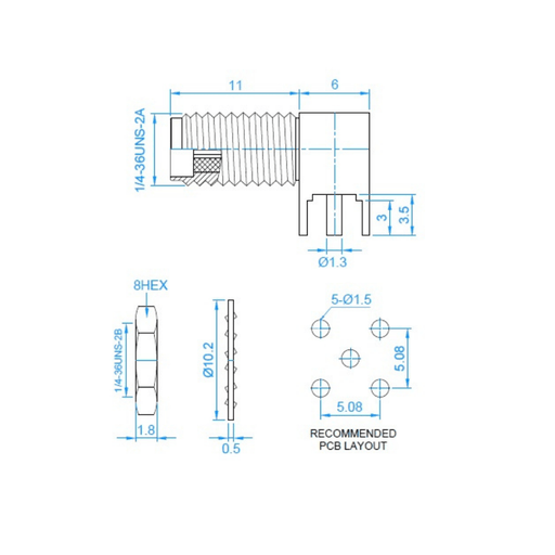 SMA/f 90° PCB Connector, Lenght: 17 mm with Red Hat and Nut - washe - LynxPi
