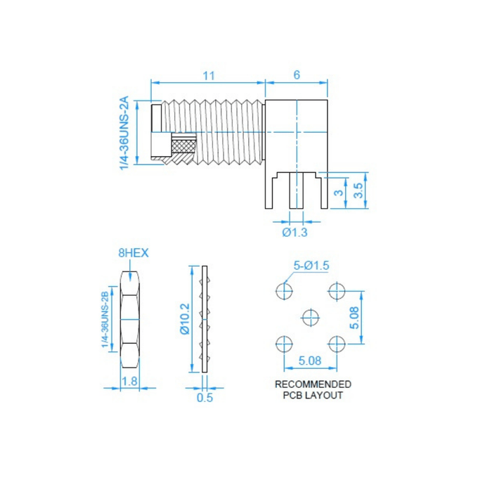 SMA/f 90° PCB Connector, Lenght: 17 mm with Red Hat and Nut - washe - LynxPi